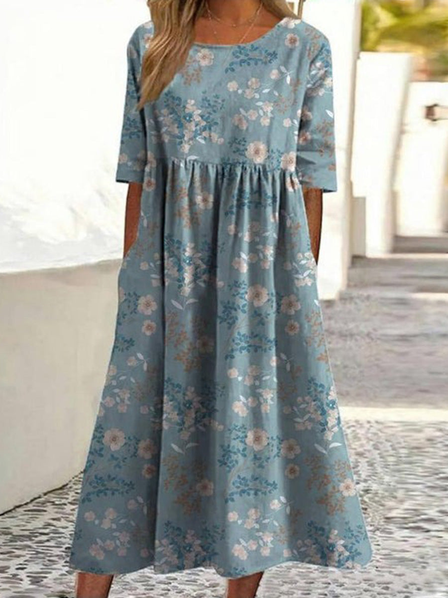 LilyWish Blue Vintage Floral Print Half Sleeve Dress