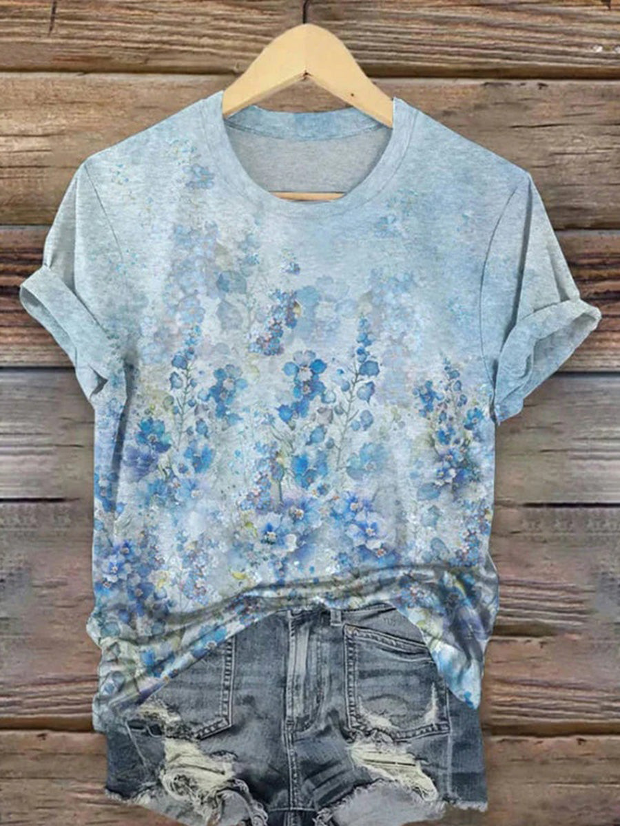 LilyWish Vintage Floral Print Round Neck Short Sleeve T-Shirt