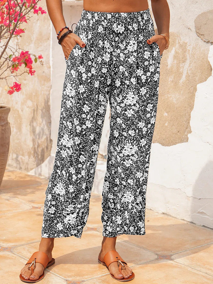 LilyWish Floral Print Vintage Elastic Waist Pants