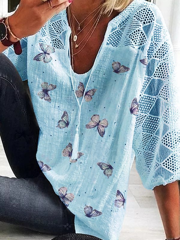 LilyWish Women's Loose Fit Butterfly Print Mesh Sleeve Top