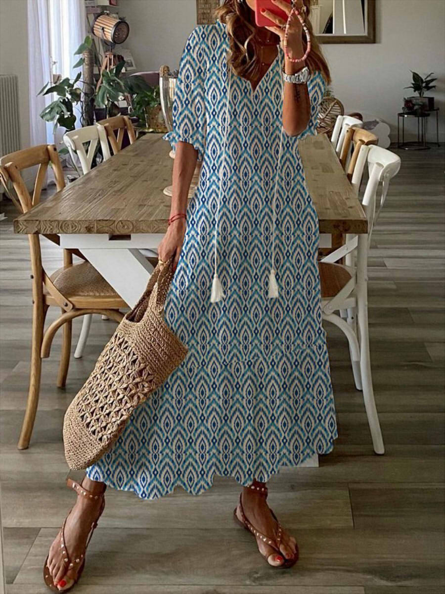 LilyWish Geometric Half Sleeve V Neck Tassel Casual Maxi Dress