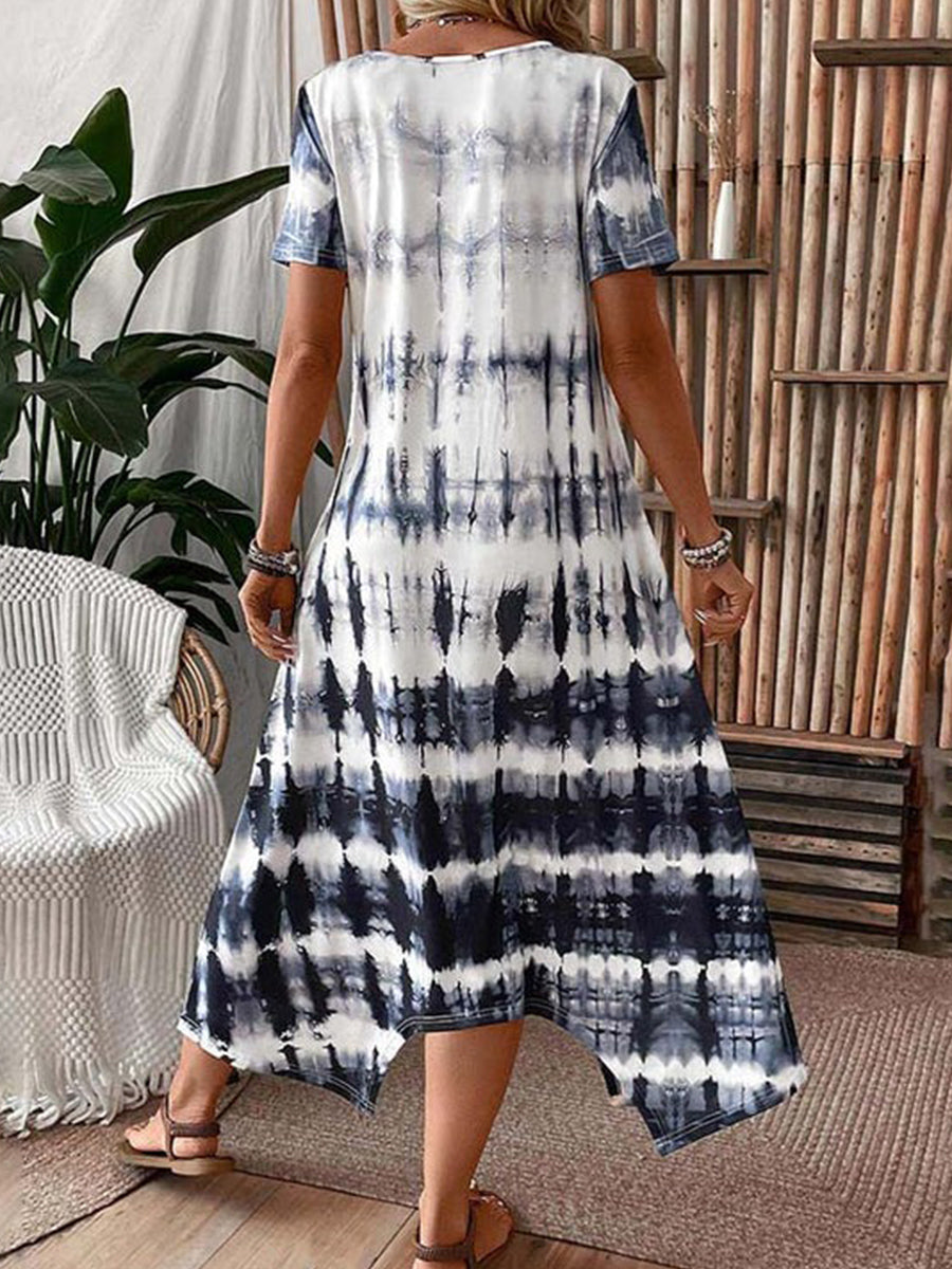 LilyWish Vintage Irregular Gradient Round Neck Dress
