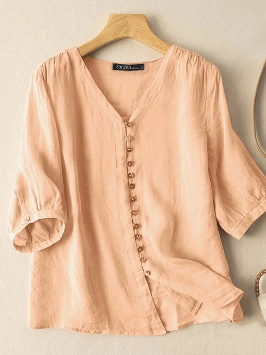 Women Solid V-Neck Button Front Cotton 3/4 Sleeve Shirt