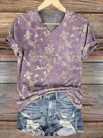 LilyWish Vintage Floral Print V-neck Short Sleeve T-Shirt