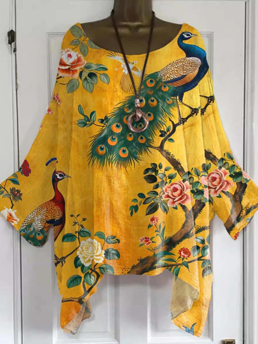 LilyWish Women's Vintage Floral Peacock Art Print Round Neck Long Sleeve Top