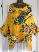 LilyWish Women's Vintage Floral Peacock Art Print Round Neck Long Sleeve Top