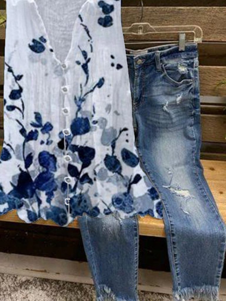 Casual Summer V-neck Floral Print Sleeveless Blouse