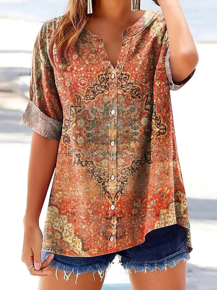 LilyWish Retro Red V-neck Short Sleeve Top