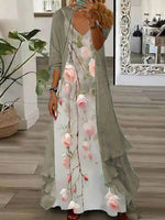 LilyWish Green V-neck Floral Print Maxi Dress With Outerwear