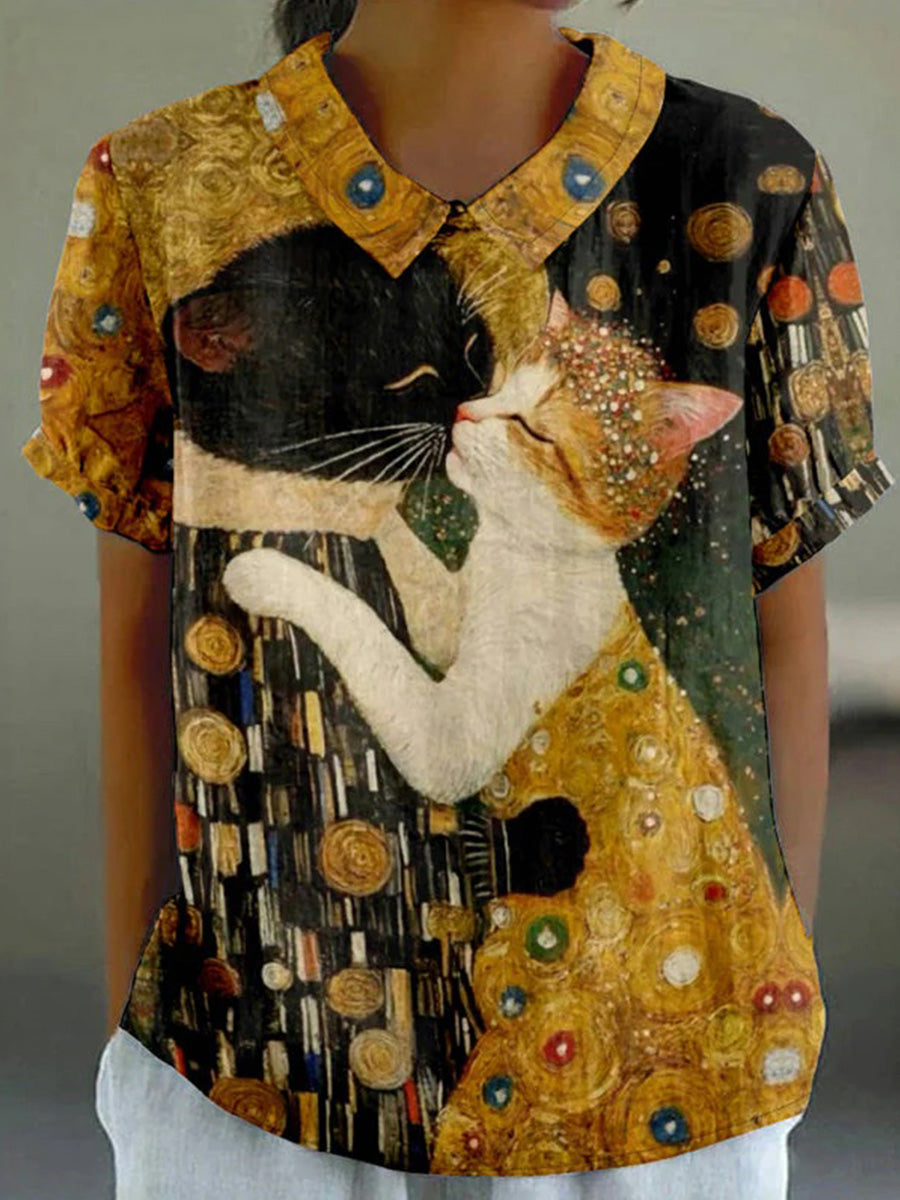 LilyWish Vintage Cat Print Short Sleeve Blouse
