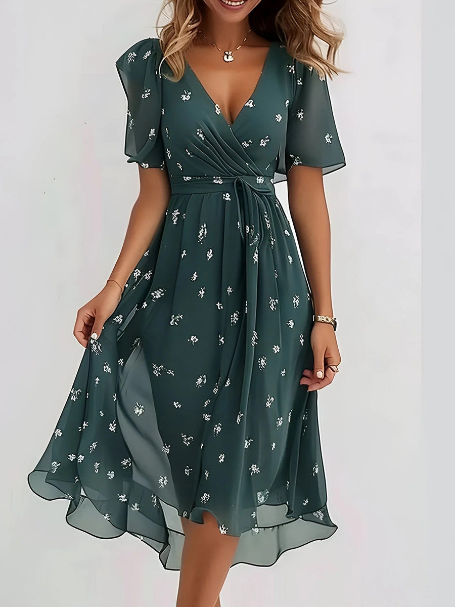 Elegant Floral Print V-neck Short Sleeve Midi Dress