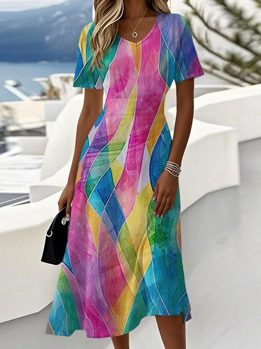 LilyWish Special V-Neck Color Block Print Short Sleeve Midi Dress