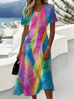 LilyWish Special V-Neck Color Block Print Short Sleeve Midi Dress