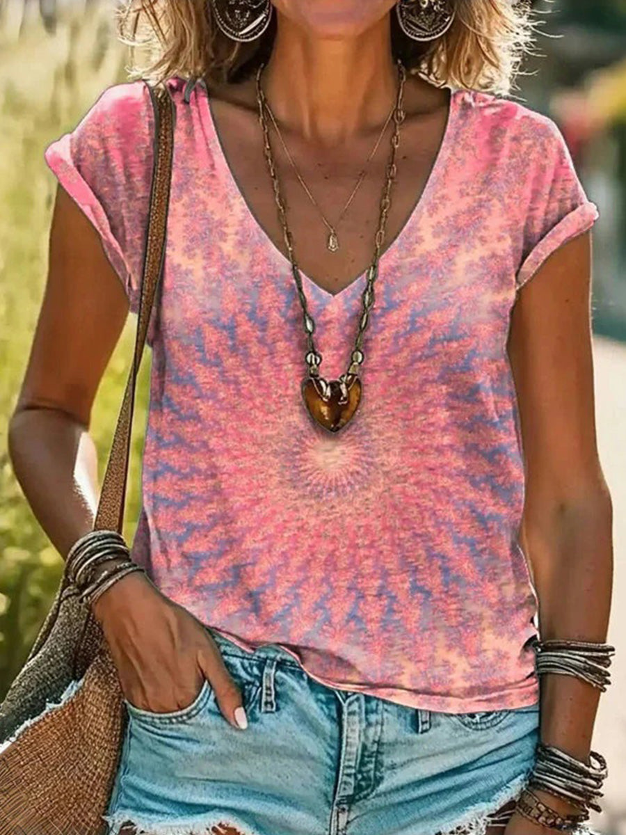LilyWish Vintage Gradient V-neck Short Sleeve T-Shirt