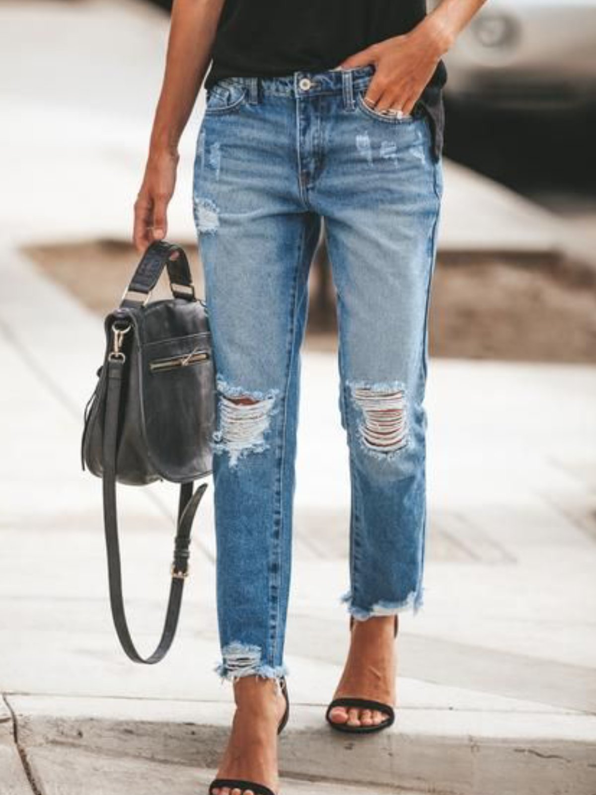 Stylish Distressed Ripped Jeans with Frayed Hem