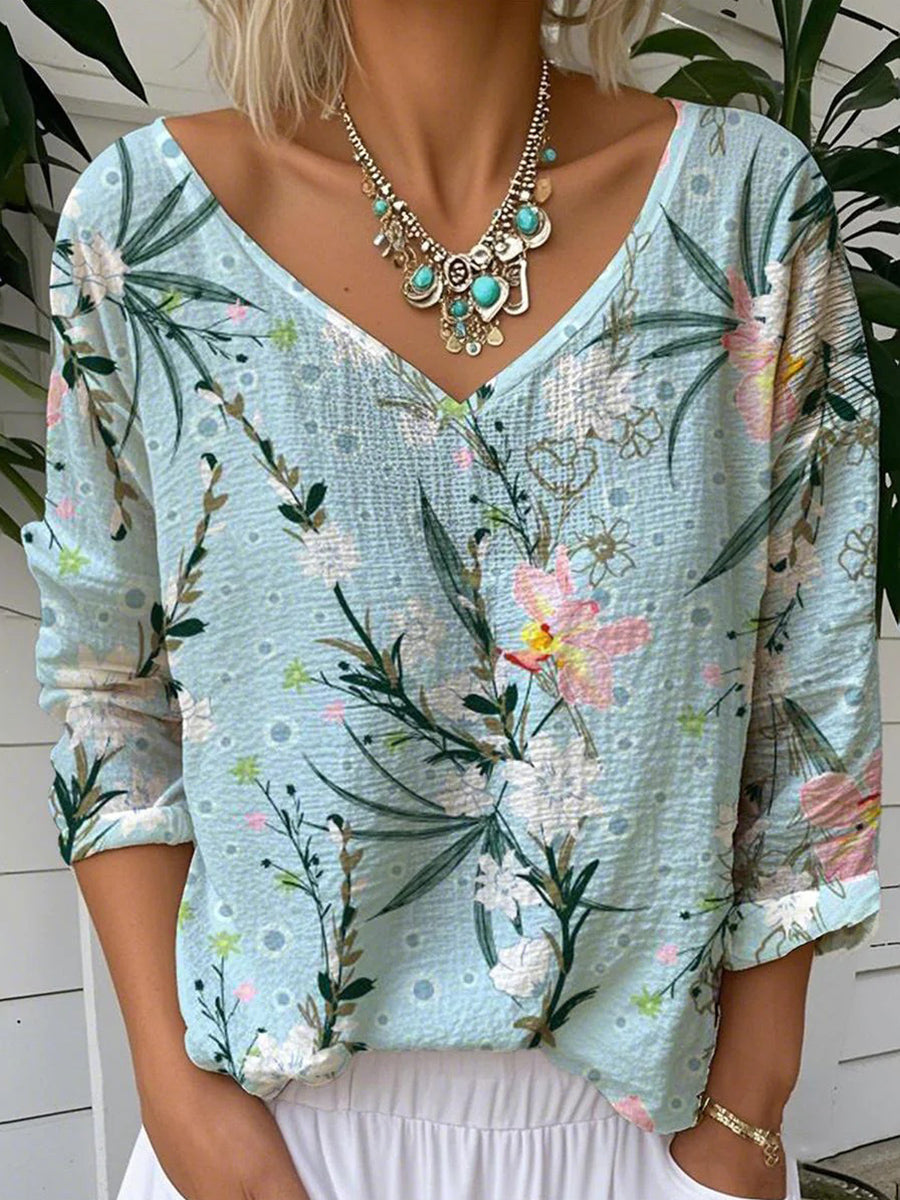 LilyWish Blue V-Neck Floral Print Long Sleeve Top