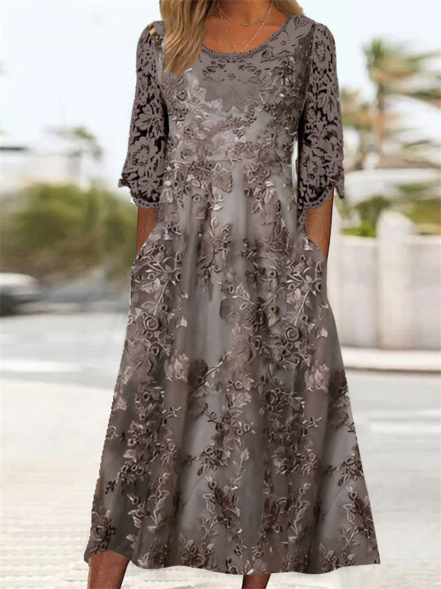 Women's 3/4 Sleeve Round Neck Graphic Printed Lace Stitching Midi Dress