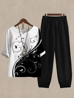 Black White Casual Round Neck Printed Daily Two Piece Suit