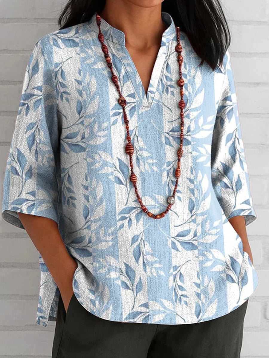 LilyWish Unique Plant Print V-neck 3/4 Sleeve Top
