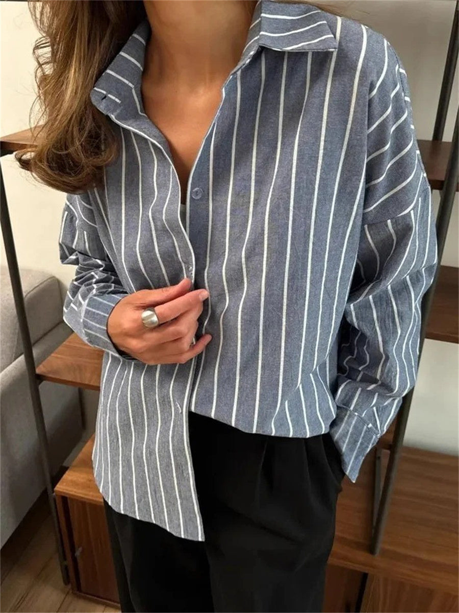 LilyWish Casual Stripe Lapel Long Sleeve Shirt
