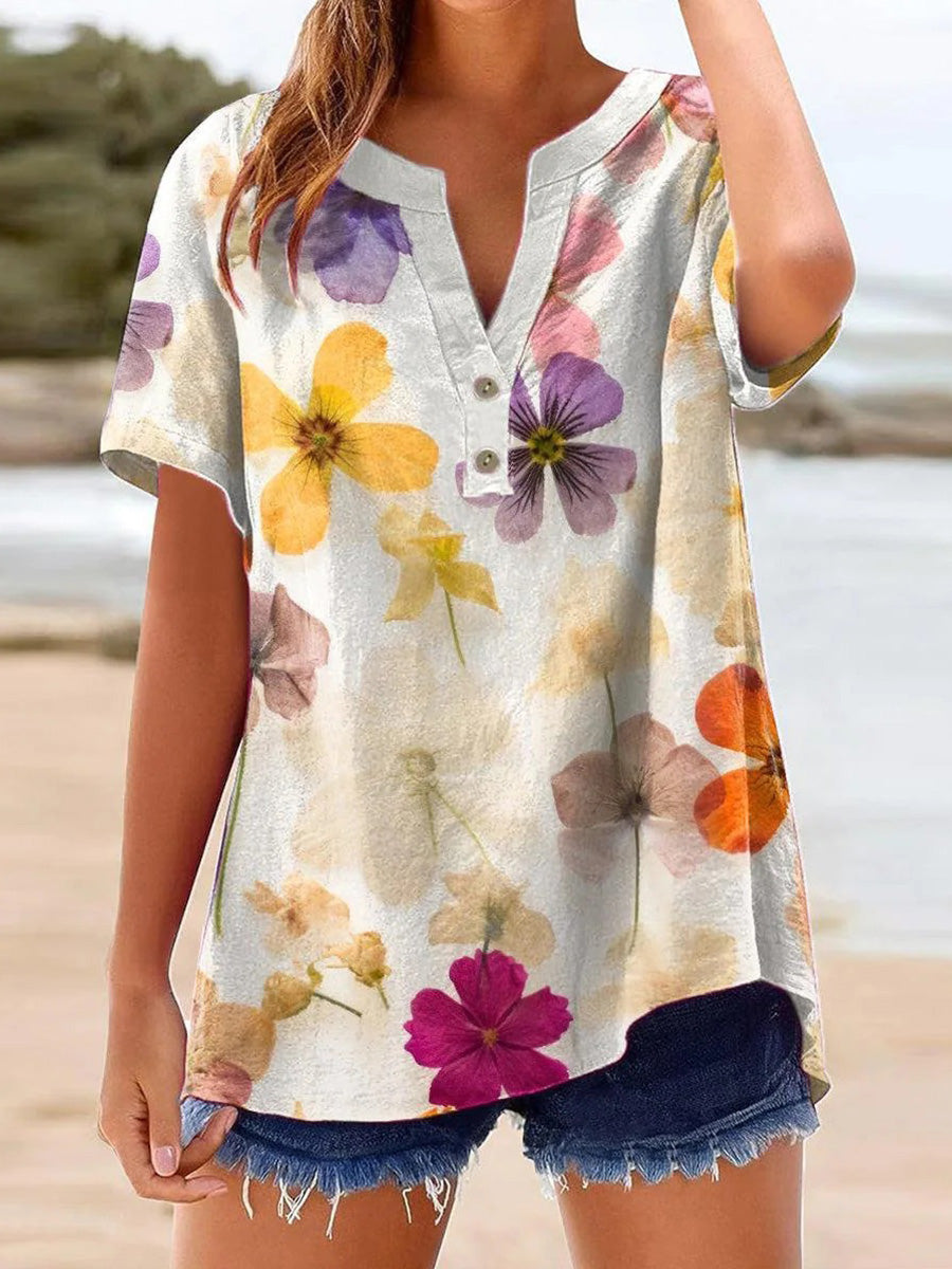 LilyWish Attractive Floral Print V-neck Short Sleeve Top