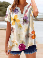 LilyWish Attractive Floral Print V-neck Short Sleeve Top