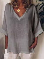 LilyWish Grey Casual V Neck Solid Half Sleeve Blouse