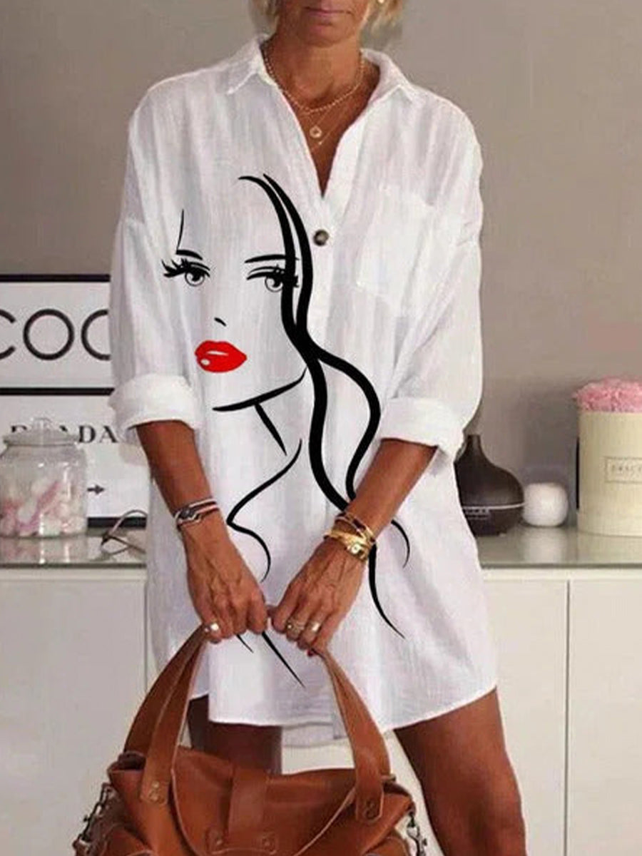 LilyWish Face Print Lapel Casual Long Sleeve White Shirt Dress
