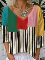 LilyWish V-Neck Color Block Print Long Sleeve Top