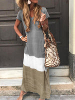 V-neck Stripe Patchwork Casual Short Sleeve Maxi Dresses