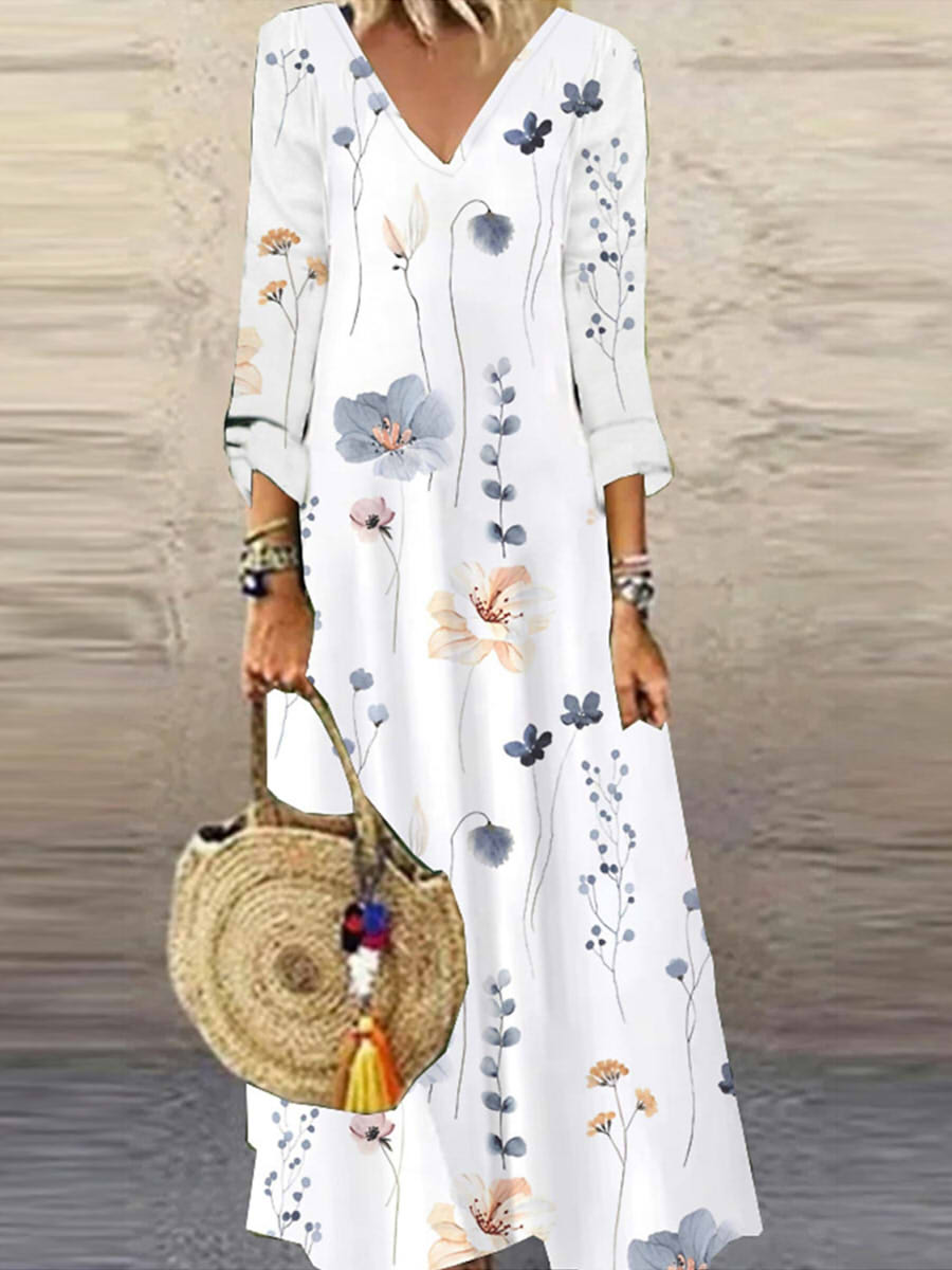 Women¡¯s Loose-Fit Floral Print V-Neck Long Sleeve Maxi Dress