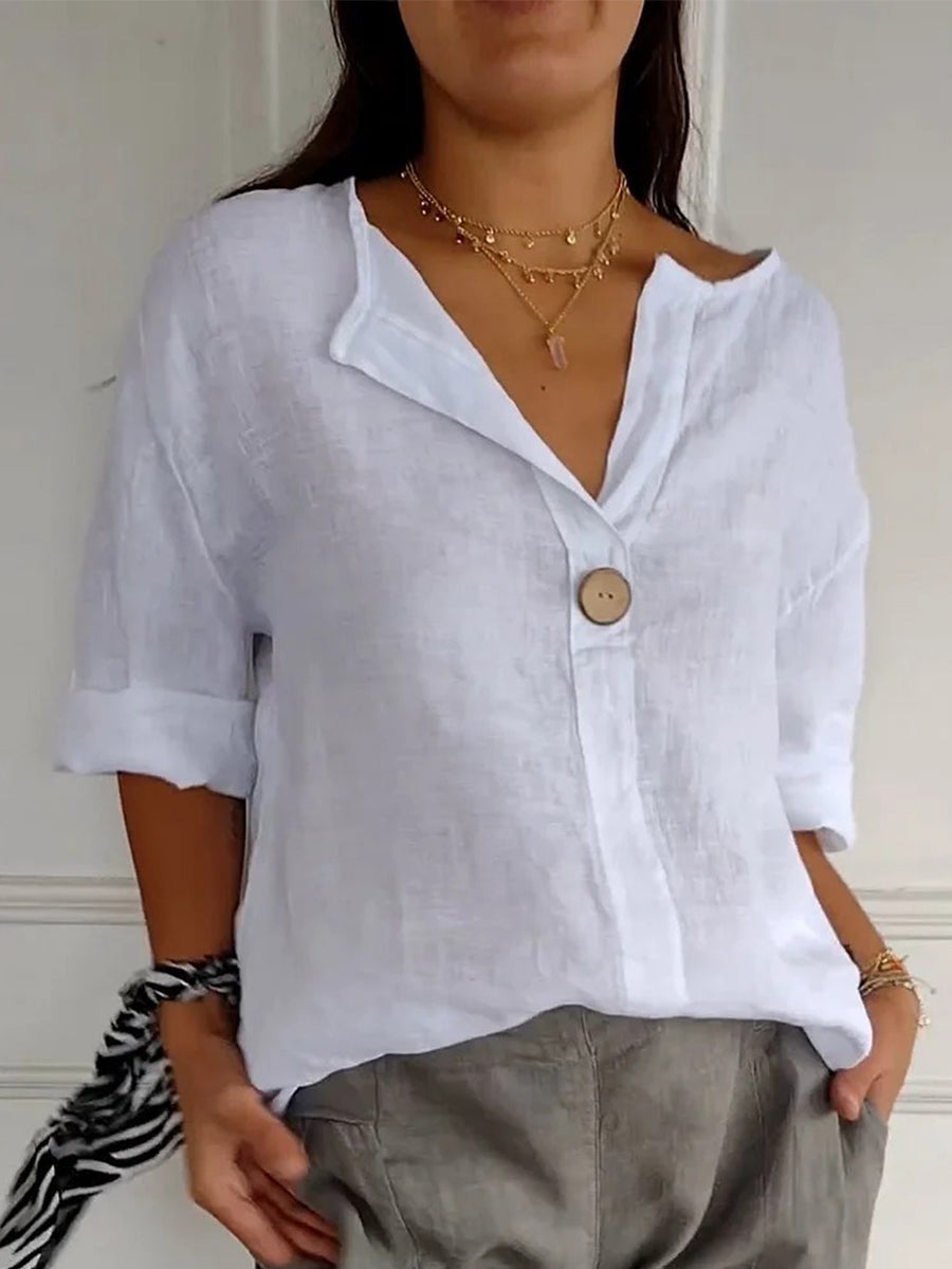 LilyWish Solid Buttoned V-Neck Short Sleeve Top