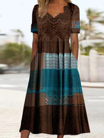 Women's Short Sleeve V-neck Graphic Printed Lace Stitching Midi Dress