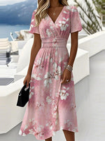 LilyWish Floral Printed Pink V-neck Short Sleeve Midi Dress