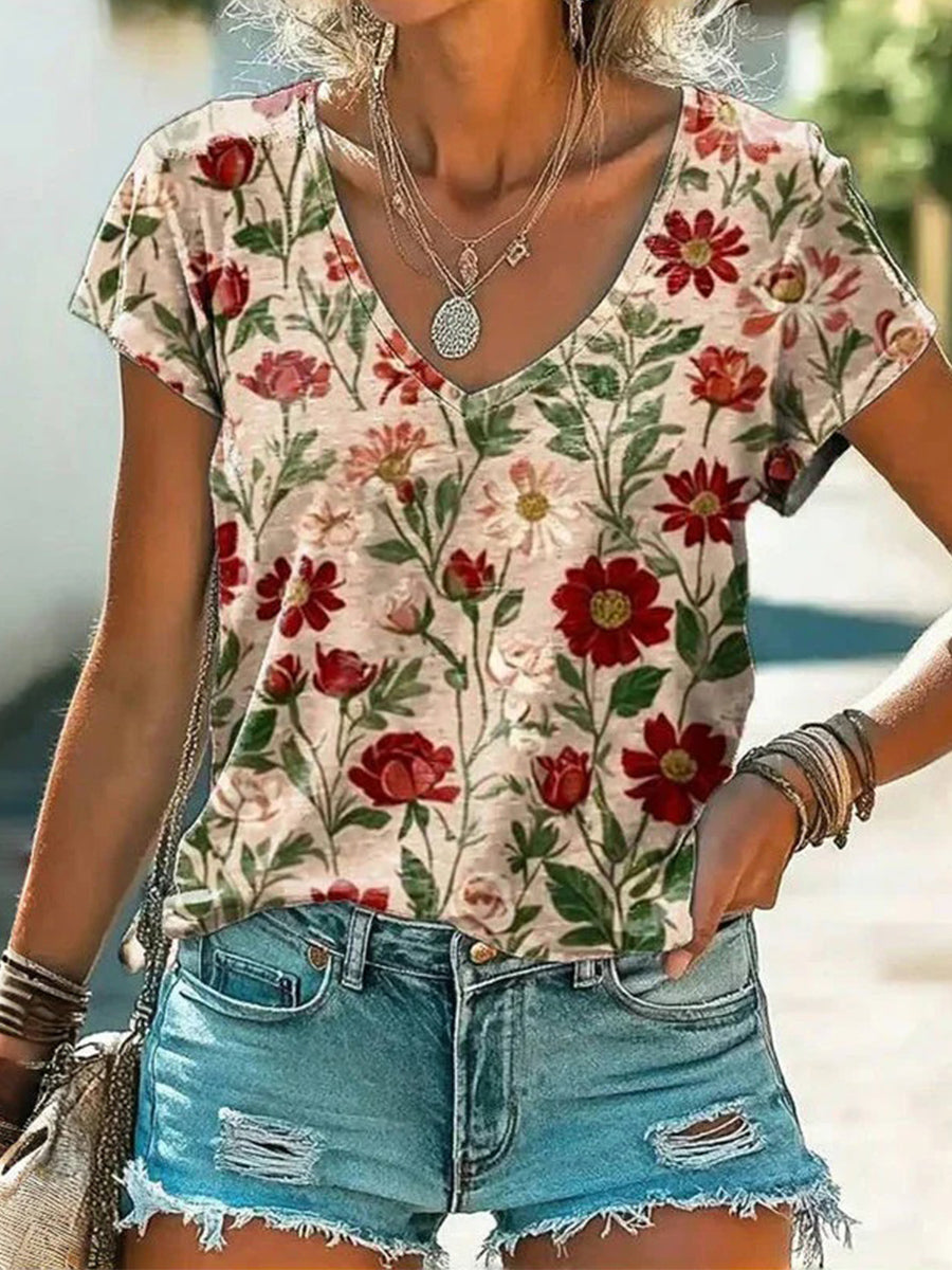 LilyWish Vintage Floral Print V-neck Short Sleeve T-Shirt