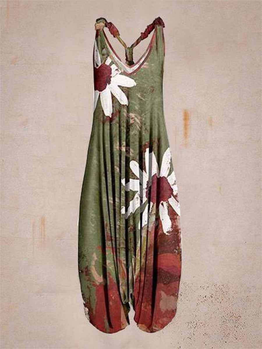LilyWish Green Casual Floral Printed Loose Sleeveless Jumpsuit
