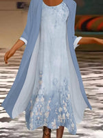 Casual Crew Neck 3/4 Sleeve Two Piece Maxi Dress