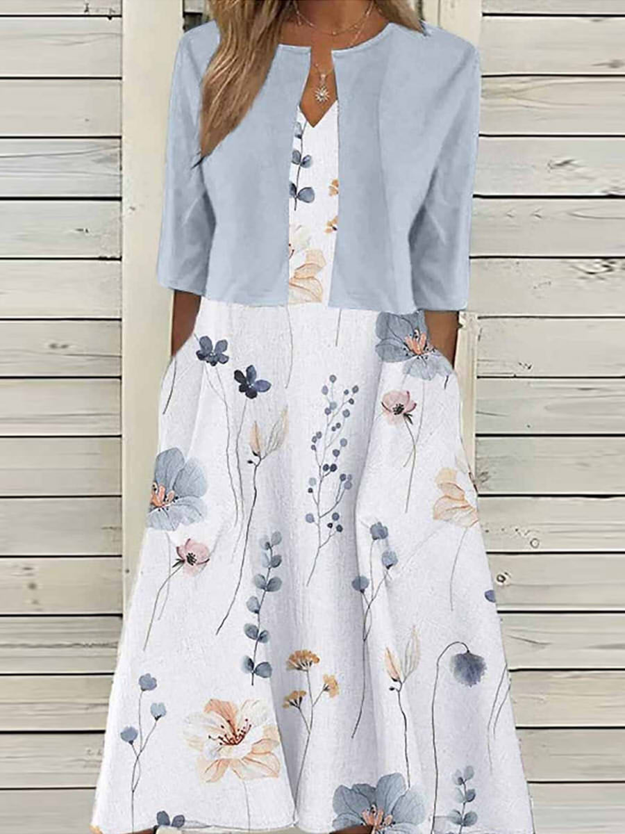 Women's Floral Two-Piece Midi Dress with Half Sleeve Jacket