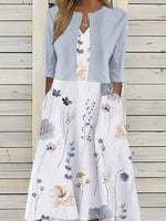 Women's Floral Two-Piece Midi Dress with Half Sleeve Jacket