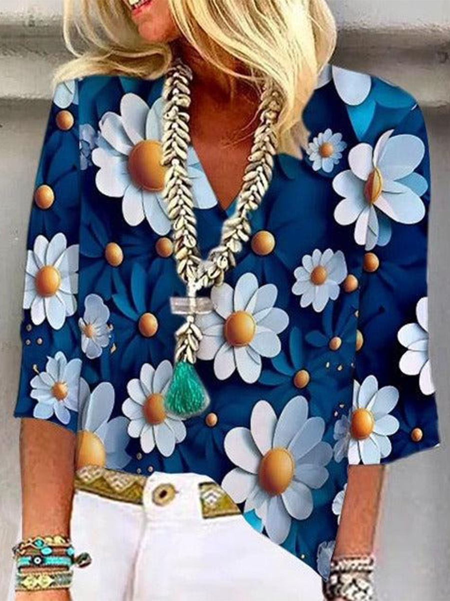 LilyWish Chic Blue Floral Print 3/4 Sleeve Top