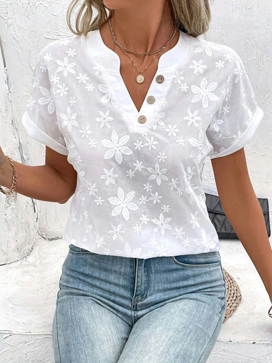 LilyWish Elegant Floral Embroidered V-neck Short Sleeve Blouse