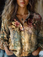 LilyWish Vintage Lapel Long Sleeve Floral Printed Loose Shirt