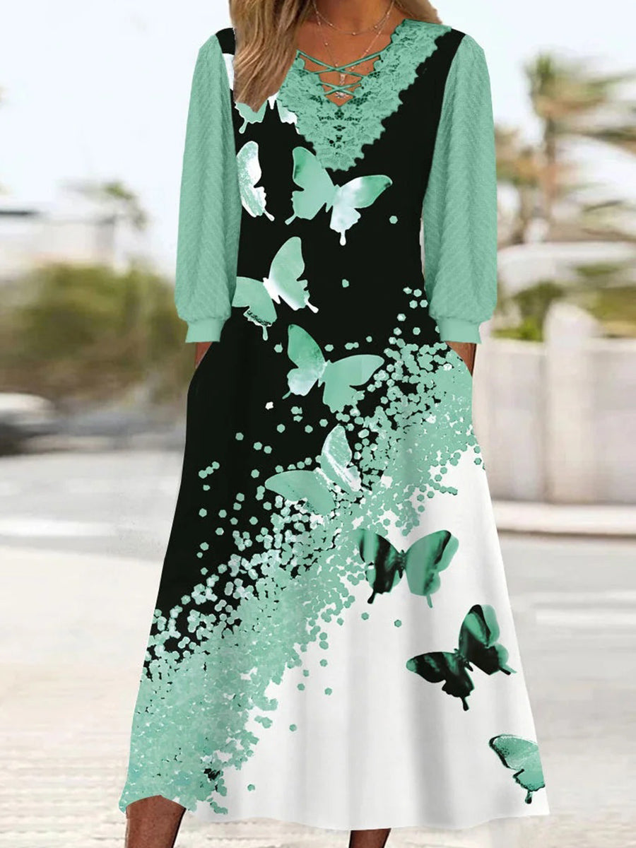 Women's Long Sleeve V-neck Graphic Printed Lace Stitching Midi Dress