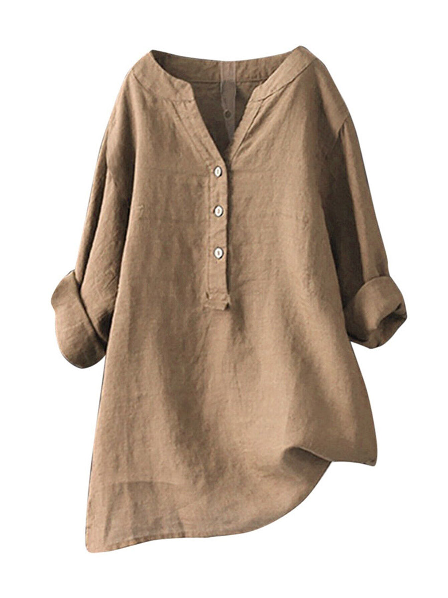 LilyWish Standing Collar Solid Color Button Up Long Sleeve Top