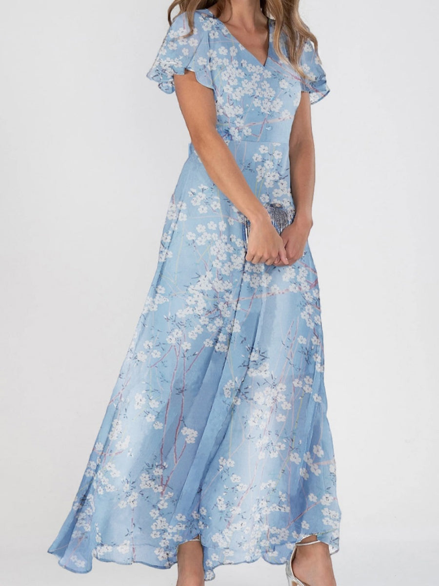 Elegant V-neck Short Sleeve Floral Print Maxi Dress