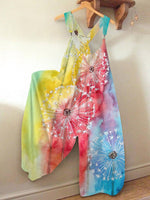 Vacation Casual Multicolor Dandelion Watercolor Art Print Loose Jumpsuit