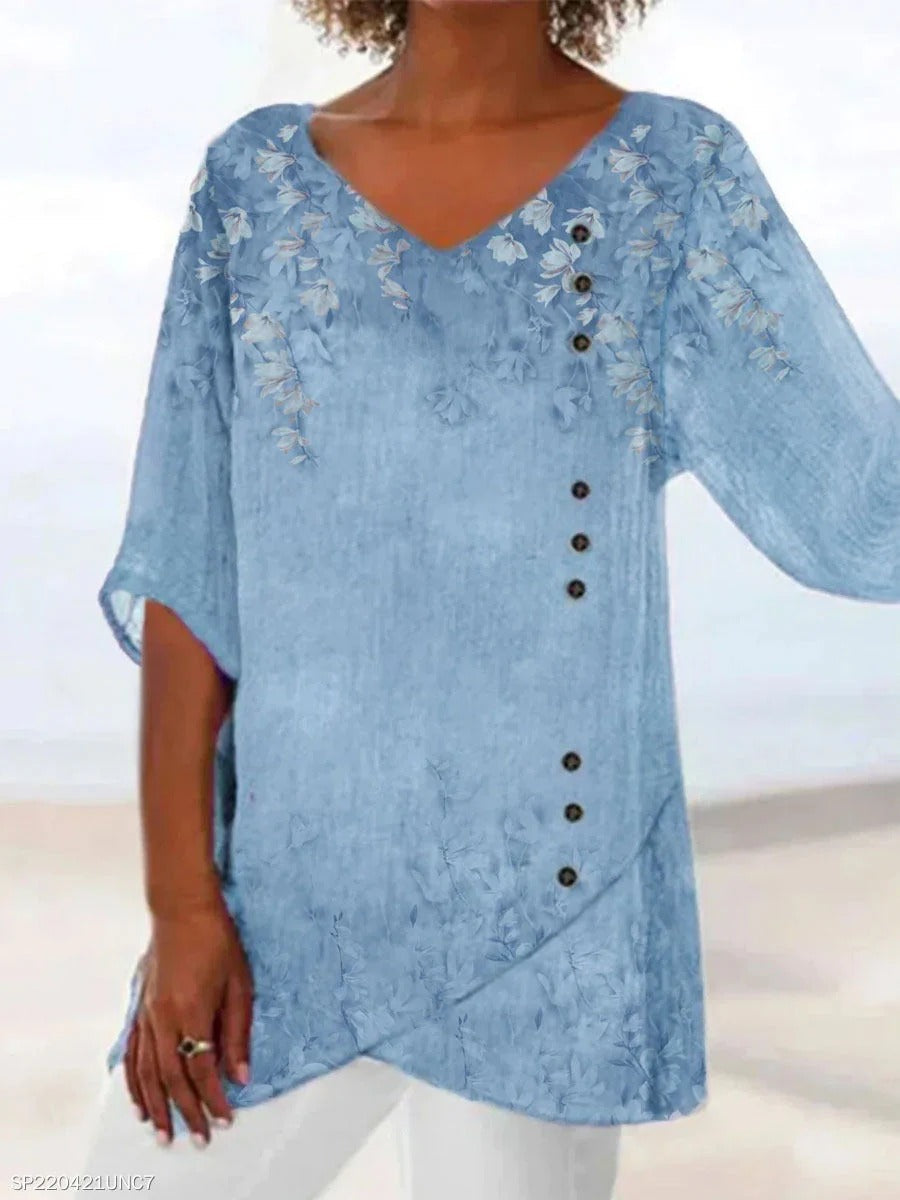 LilyWish Blue Casual V Neck Floral Printed Half Sleeve Blouse