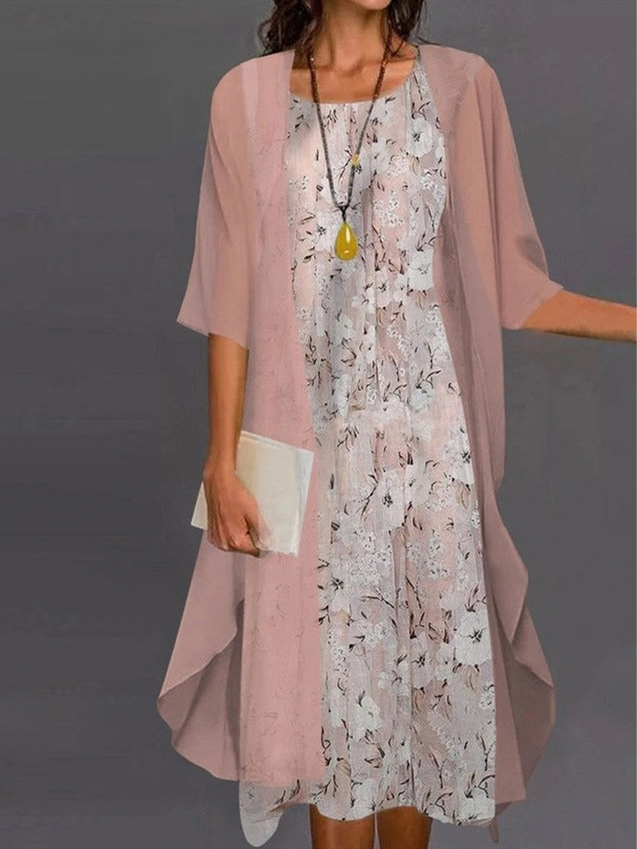 Casual Floral Crew Neck Print Half Sleeve Two Piece Dress