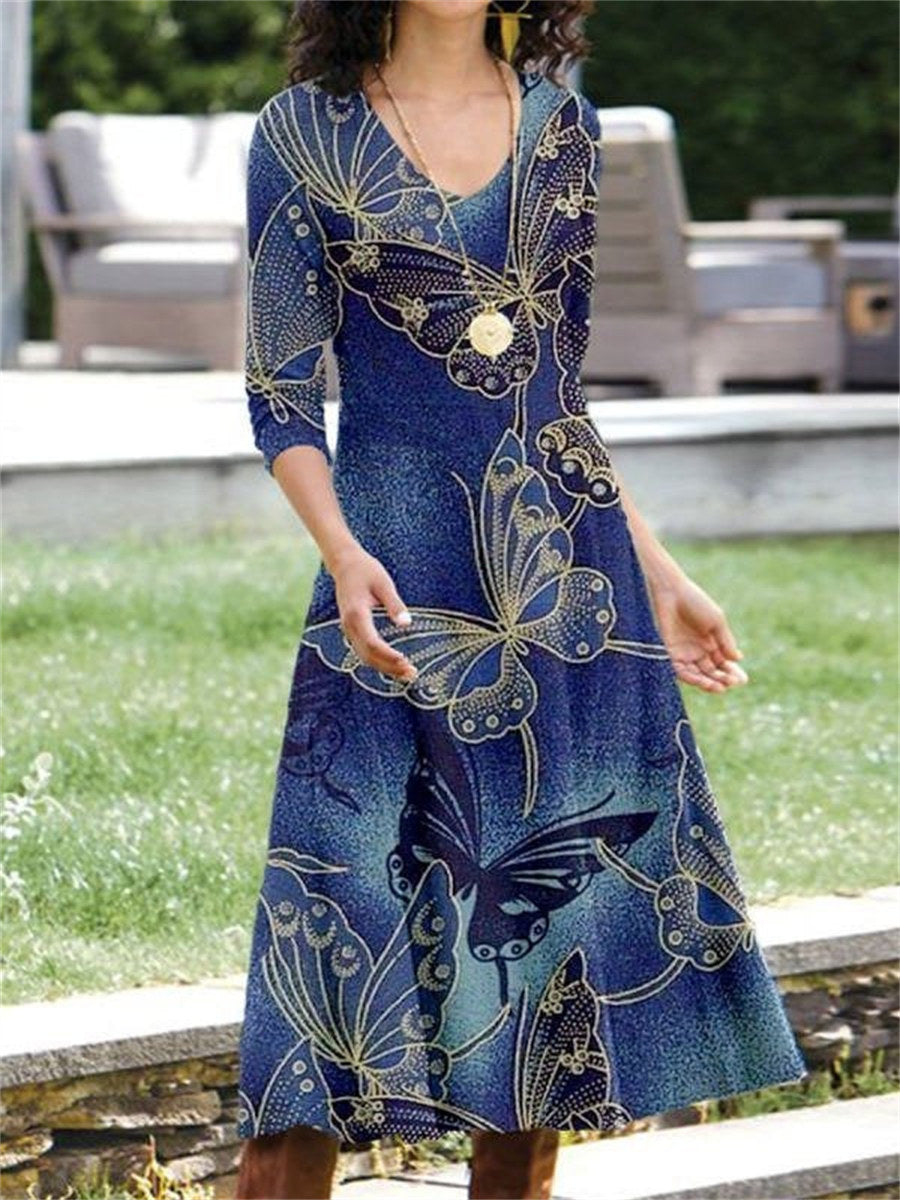 Ethnic Butterfly Printed V Neck Long Sleeve Casual Maxi Dress