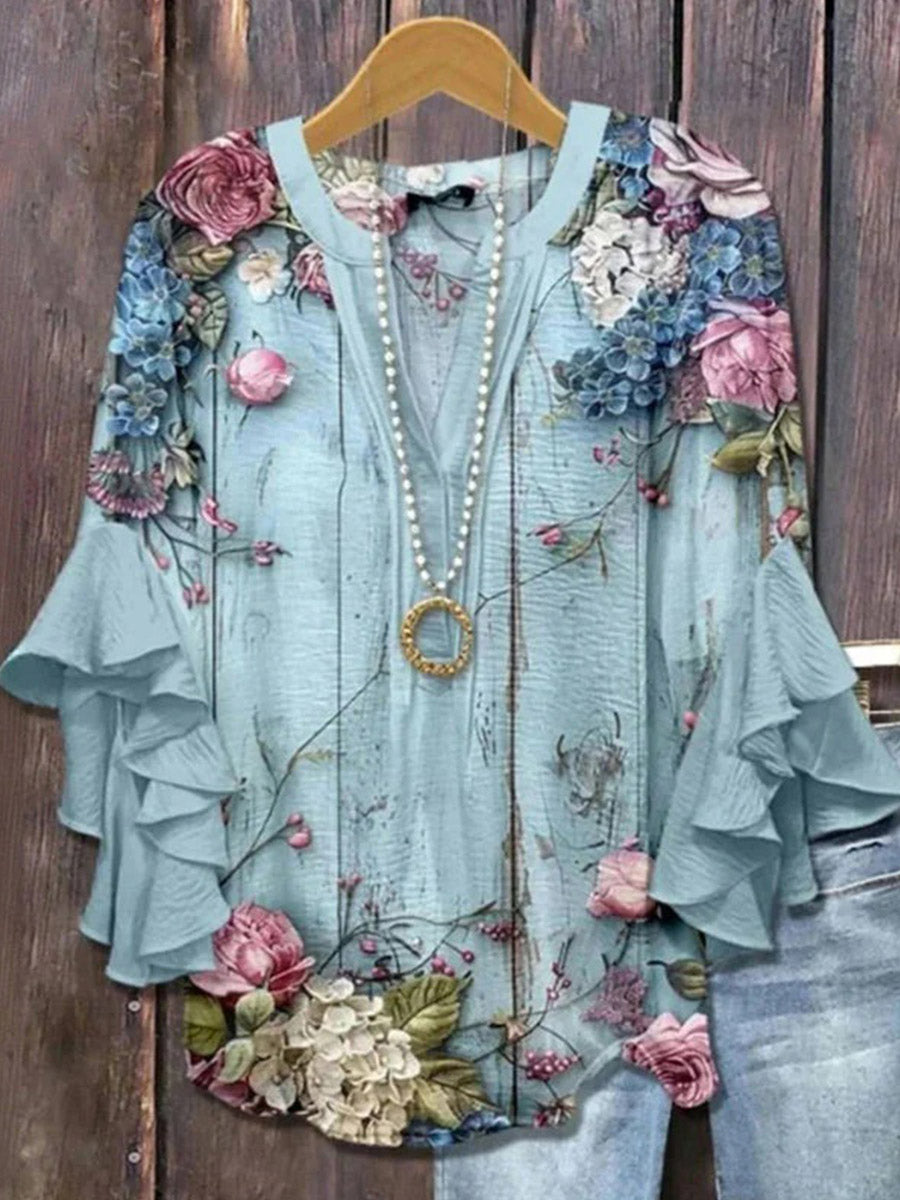 LilyWish Vintage Floral Print V-neck Half Sleeve Blouse